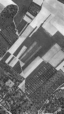 Het beschreven gebied in 1950. Heel goed zijn merkwaardige driehoeken te zien. Dit zijn stukken van land die behoren of behoord hebben tot percelen aan de andere kant van de weg. De weg gaat hier door de percelen.
